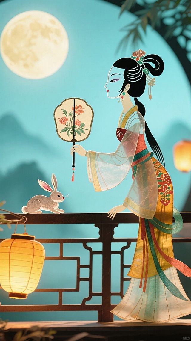 🎊传统皮影仕女赏月，团扇孔明灯超有意境🌙