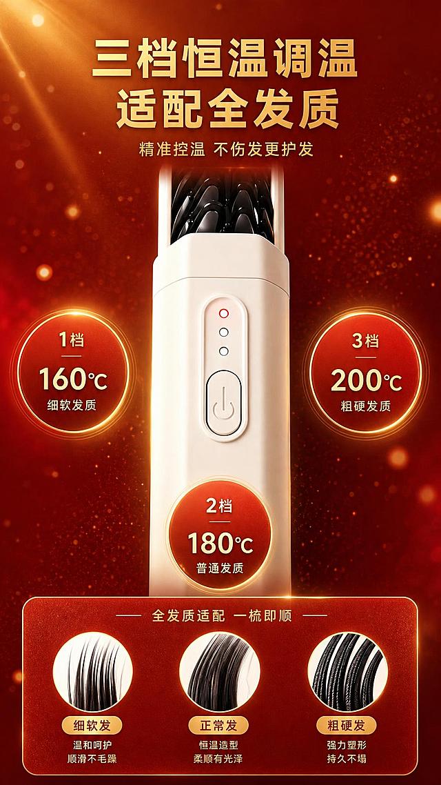 [商品] 使用【图5】直发梳三档恒温调温展示图；保留产品外观、按键、三档指示灯、左右温度圆标、底部发质展示卡及所有文字内容与位置完全不变。
[画面] 目标展示三档恒温调温适配全发质，产品居中竖放，左右两侧1档3档温度圆标，下方2档圆标，底部三发质对比卡，阅读动线从上到下。
[视觉] 套系策略：风格=国庆红金喜庆商业摄影；标题字=粗黑体；正文字=简洁无衬线体；主色=中国红+金色渐变；背景延展=基于红金渐变做深浅层级，点缀金色微光粒子和柔焦光晕；强调色=金色，用于温度数字、圆标边框、图标；标题色=深金色；正文色=深棕金色；组件=圆角红金渐变信息卡、金色细线分隔；光影=顶部暖金色柔光。
[文字] 保留原图所有文字内容（三档恒温调温适配全发质、精准控温不伤发更护发、1档160℃细软发质、2档180℃普通发质、3档200℃粗硬发质、全发质适配一梳即顺、细软发正常发粗硬发等）及位置不变，文字颜色根据新背景调整为深金色或白色以保证清晰可读，温度圆标颜色改为红金系渐变。
[规格] 竖版详情页，比例约9:16，分辨率2K，quality=medium，禁止改变产品结构、文字内容和构图布局，禁止冷蓝/紫/粉色调成为主色。