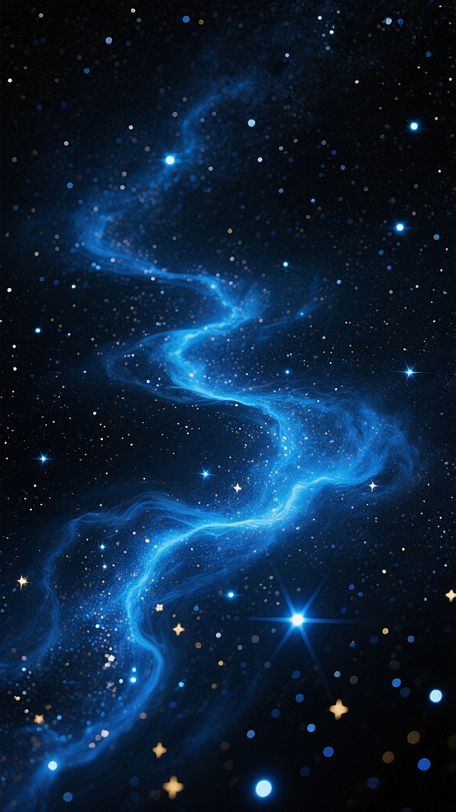 深邃浩瀚的宇宙星空背景，以深邃的靛蓝色和墨黑色为基调，无数闪烁的星辰布满整个画面，形成密集而富有层次感的星点分布。一条蜿蜒曲折的亮蓝色星云带如同河流般贯穿其中，星云带中点缀着明亮的蓝白色和少量金黄色恒星，营造出神秘而壮丽的宇宙氛围。暗部区域呈现出深邃的黑色，与亮部的星云和恒星形成强烈对比，整体构图呈现出自然流动的曲线美感，仿佛宇宙中的星河在缓缓流淌，充满了宁静而浩瀚的视觉冲击力。