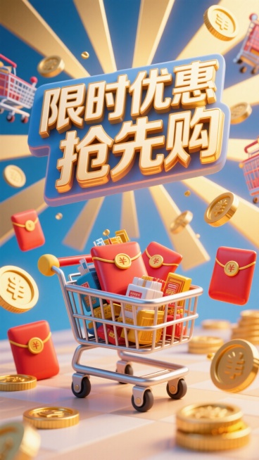 3D大字，文字内容为“限时优惠 抢先购"，背景为购物车、红包、放射线、金币元素组成的场景预览效果