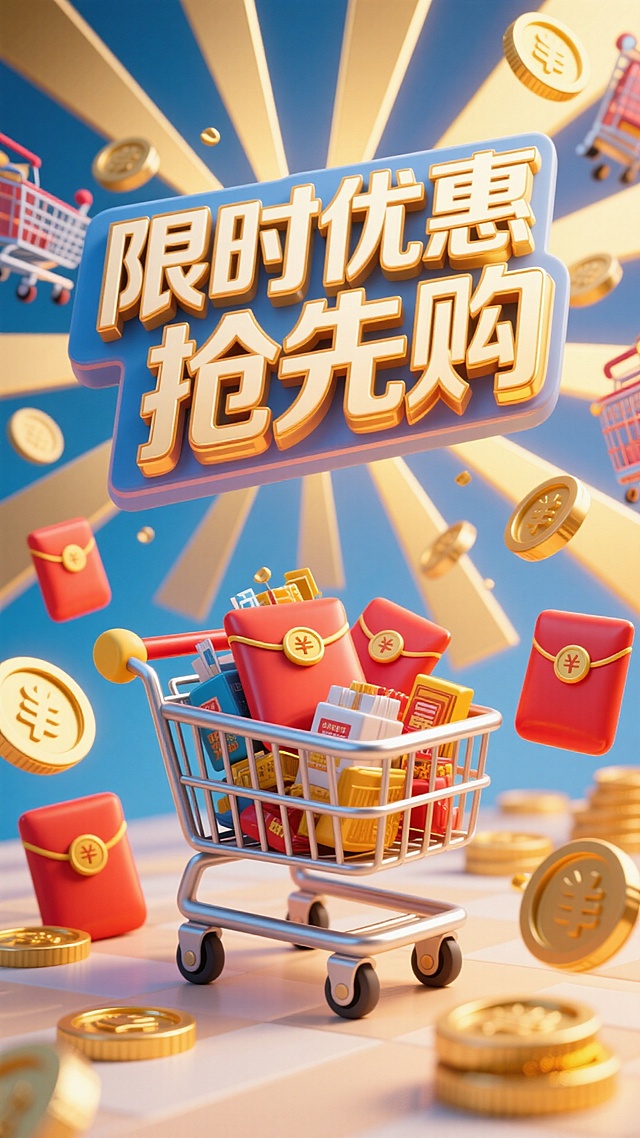 3D大字，文字内容为“限时优惠 抢先购"，背景为购物车、红包、放射线、金币元素组成的场景