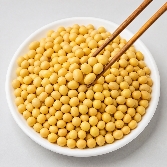 超写实食品摄影。
主体：纯白色圆形瓷盘装满嫩江黄豆，用筷子挑出几颗颗粒饱满的黄豆放在黄豆堆最上方，黄豆均匀金黄饱满。
构图：45度俯拍，主体居中。
风格：精致高级，精品食材展示。
场景：干净浅灰色哑光预览效果