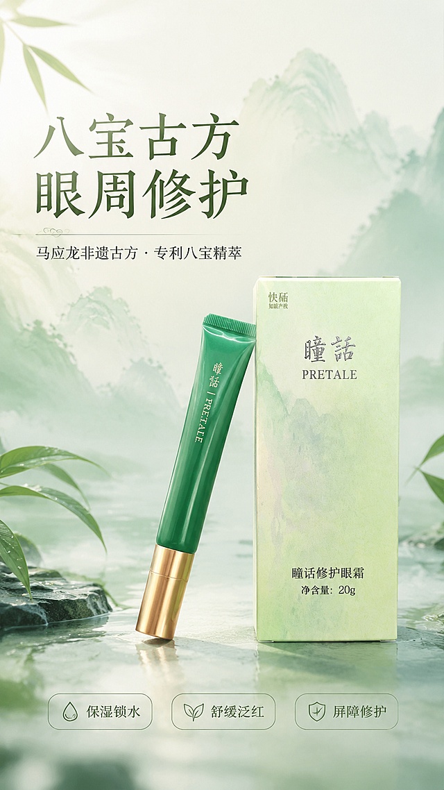 [第1屏] 详情页头图主视觉-瞳话修护眼霜产品全貌海报。本屏使用【图1】作为商品主体（绿色软管眼霜+浅绿色外包装盒）。
[氛围/风格] 电商国风护肤品风，清新淡雅、端庄雅致，明亮通透，商业摄影质感，新中式水墨意境。
[元素布局] 产品（眼霜管+包装盒）置于画面中央偏右，占比约55%；软管斜靠包装盒旁，45°展示；背景为淡青绿色渐变水墨山水纹理，左上角留白做标题区；底部点缀淡雅竹叶/草本叶片装饰；前景有轻柔水光薄雾；产品物理结构、绿色软管+金色盖、浅绿色包装盒、文字排版与输入图完全一致。
[光影质感] 左上方柔和自然光，右侧辅光补亮，产品底部自然投影，整体明亮温润，膏体与包装质感清晰。
[配色色系] 全局底色 #F0F7EC（浅豆绿）；主色 #5A8F5A（墨竹绿）；辅助色 #D4E4C8（淡草绿）、#C9A961（暗金）。
[视角构图] 正面微仰视，产品为视觉中心，阅读动线左上标题→中部产品→底部信息条。
[文字版式] 左上标题区：主标题「八宝古方 眼周修护」，副标题「马应龙非遗古方 · 专利八宝精萃」；主标题书法宋体大字，副标题细黑体；底部3个胶囊形利益icon：「保湿锁水」「舒缓泛红」「屏障修护」；文字不遮挡产品主体。
[比例分辨率] 9:16竖版比例，4K分辨率，文字清晰可辨，高清画质。
[负向提示词] 产品变形，缺件错件，颜色偏差，包装文字错乱，水印，文字过小模糊，背景杂乱，人物出现