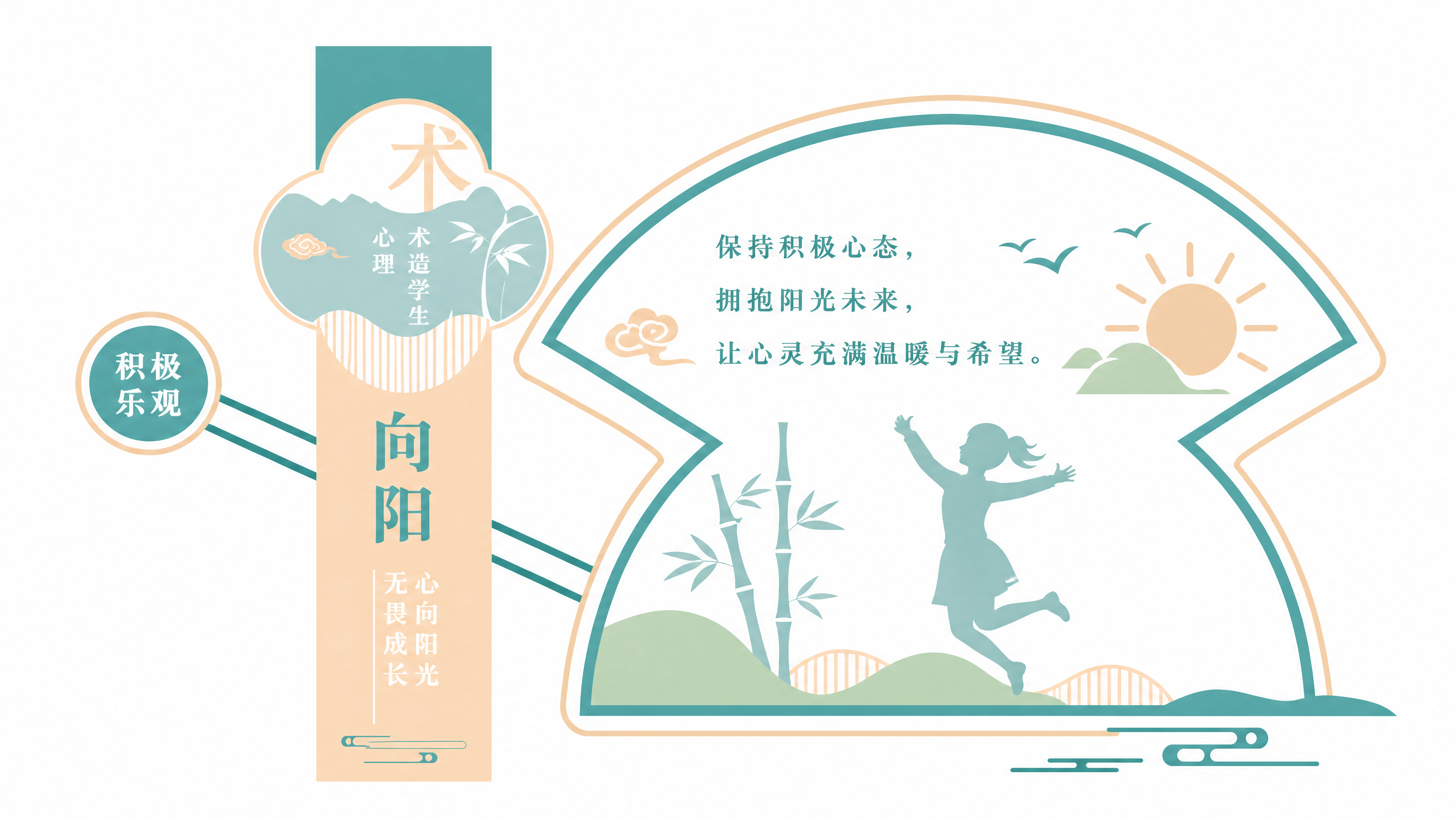 参考图片的新中式简约风格，设计中学楼梯间文化墙，主题为"术心"… - 图片创意预览