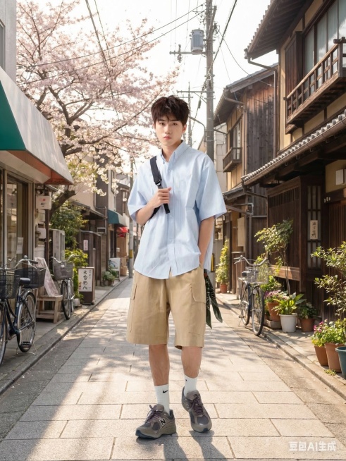 为穿浅蓝条纹衬衫卡其短裤的清爽少年模特添加日系街道户外背景，阳光明媚，风格清新自然，保留模特原样预览效果