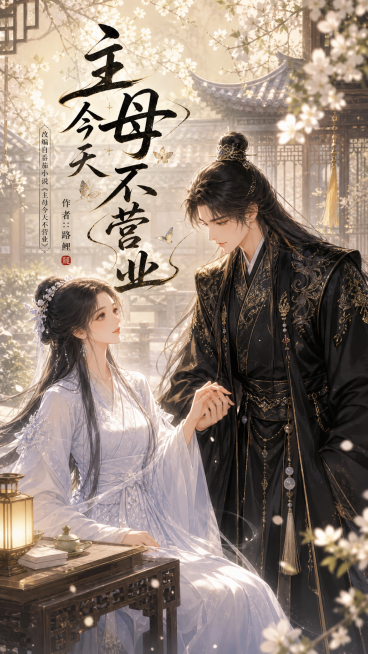 古风漫剧《主母今天不营业》封面，9:16竖版，古色古香的庭院背景，不是纯白色背景，左侧女主身着白色古风纱裙，右侧男主身着黑色古风锦袍，男女主温柔互动，整体国风唯美风格，上方添加剧名文字"主母今天不营业预览效果