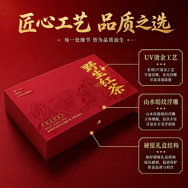 [主图-2] 核心亮点 礼盒工艺与品质细节展示
[统一基调] 整体风格为高端中式茶礼风 背景主色为深红色渐变 标题字色为烫金色 辅助字色为米白色 强调色为金色 字体样式为大气宋体书法体 字号层级分明 卡片用细金线边框 整体传递专业品质的茶礼感
[画面] 产品位于画面中央 占画面约60% 以45度俯视角度展示野生红茶礼盒的顶面与侧面 清晰呈现礼盒表面UV烫金的"野生红茶"大字与山水暗纹 画面右侧有3条金色引线分别指向礼盒的三个细节部位 引线末端有金色光点 每个引线旁配一个金色圆角信息卡 分别说明"UV烫金工艺""山水暗纹浮雕""硬挺礼盒结构" 背景为深红渐变 底部有柔和投影
[光影质感] 商业摄影质感 侧光突出礼盒表面的纹理与烫金立体感 UV烫金部分有明显的金属光泽 红色礼盒表面有细腻的肌理质感 阴影层次丰富
[配色] 主色深红 辅色金色 米白 引线与信息卡为金色描边 文字为金色与米白
[文字版式] 顶部主标题"匠心工艺 品质之选"烫金大字 右侧三个信息卡分别对应三个工艺卖点 信息卡为金色细边框 内文米白色 字体为宋体 文字大小层级分明 不遮挡产品主体
[输出要求] 1:1比例 2048px 产品清晰 文字清晰 引线标注准确 无变形 无错字 无水印 无平台Logo