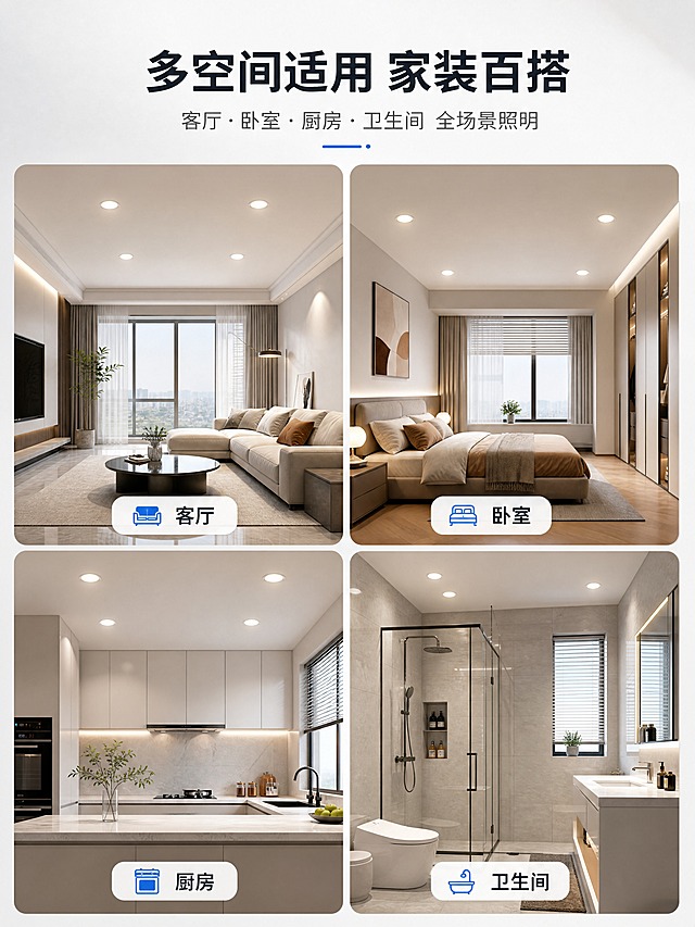 [商品] 使用【图1】B23启越嵌入式LED筒灯；保留白色灯体、蓝色卡扣、圆形外观；产品嵌入各场景吊顶中，发光面朝下，符合真实安装方向。
[画面] 页面目标：多场景适配展示，体现广泛适用性。构图：2×2四宫格场景拼图，每格一个空间场景，筒灯嵌入吊顶发光；左上客厅、右上卧室、左下厨房、右下卫生间；每格底部标注空间名称；产品在每格中自然融入吊顶。
[视觉] 套系策略：风格=现代简约科技商业摄影；标题字=思源黑体粗体；正文字=思源黑体常规；主色=纯净白+浅灰；背景延展=基于白灰做深浅层级、同色渐变、细腻磨砂质感；强调色=科技蓝(#2563EB)，仅用于小面积图标、引线、标签和光效点缀；标题色=深炭灰(#1F2937)；正文色=中灰(#4B5563)；组件=圆角浅底信息卡、细线引线、蓝色图标；光影=每个场景内筒灯暖光向下照射，空间自然光影。
[文字] 顶部主标题"多空间适用 家装百搭"，副标题"客厅·卧室·厨房·卫生间 全场景照明"；四宫格每格底部标注空间名称：「客厅」「卧室」「厨房」「卫生间」；文字横向排版。
[规格] 图片比例3:4竖版，4K，负向提示：避免变形、错字、文字过小、产品结构失真、竖排文字、极限词。