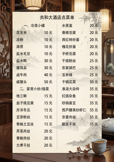 为‘共和大酒店点菜单’第1页（含冷菜小碟、家常小炒/烧菜等分类）配上典雅中式餐厅风格背景，背景需简洁不喧宾夺主，可包含淡雅水墨纹理、木质桌案或暖光氛围，确保菜单文字清晰可读，整体高端大气。预览效果