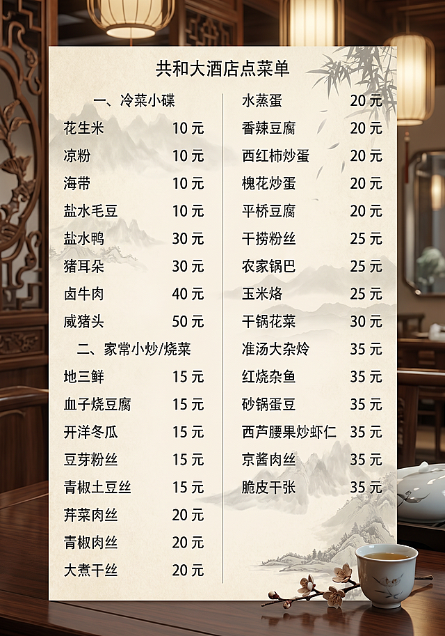 为‘共和大酒店点菜单’第1页（含冷菜小碟、家常小炒/烧菜等分类）配上典雅中式餐厅风格背景，背景需简洁不喧宾夺主，可包含淡雅水墨纹理、木质桌案或暖光氛围，确保菜单文字清晰可读，整体高端大气。