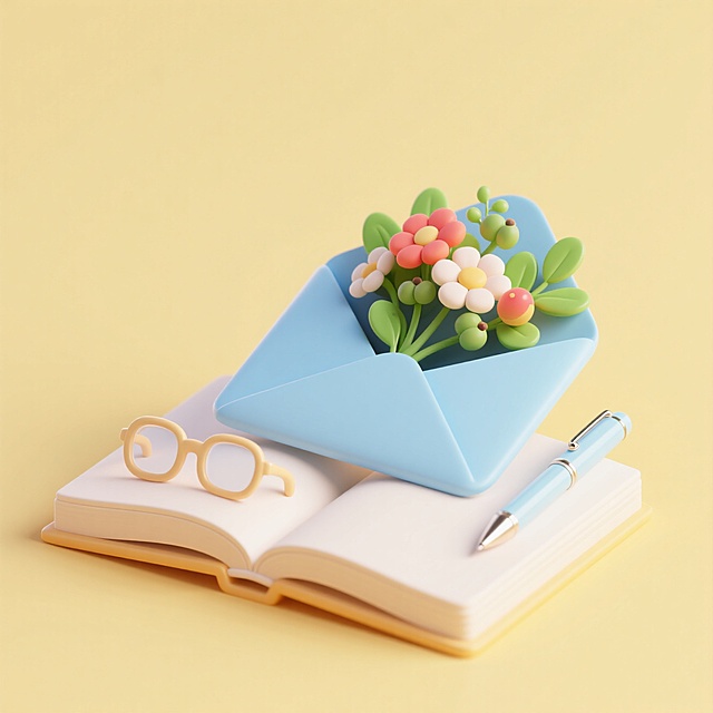 展开的书本，上面是（浅蓝色信封，信封里放着一束花，绿叶，小果实，眼镜，笔），摆放在一起，浅黄色背景