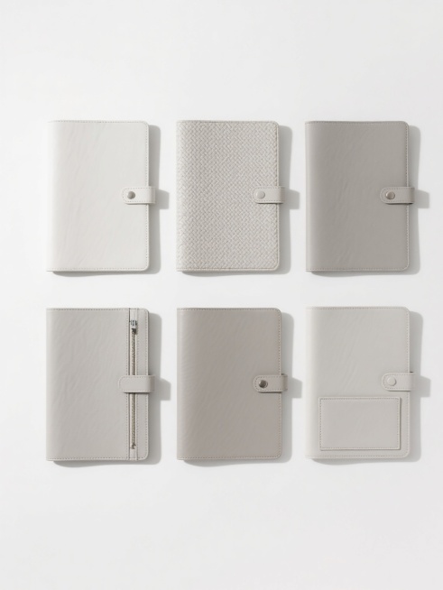 一张展示6个不同样式、不同材质文件夹的产品静物照片，白色简约背景，文件夹排列整齐有序，整体配色简洁明快。采用高清晰度的摄影风格，光线柔和均匀，呈现出轻微的高光和自然的阴影，突出文件夹的材质质感。每个文件夹具有独特的设计细节，如不同的纹理（光滑、磨砂、编织纹、皮质纹路等）、闭合方式（按扣、拉链、磁贴、插袋等）和细微的颜色变化（保持在简洁的中性色调或低饱和度色彩范围内），整体构图平衡，视觉层级清晰……预览效果