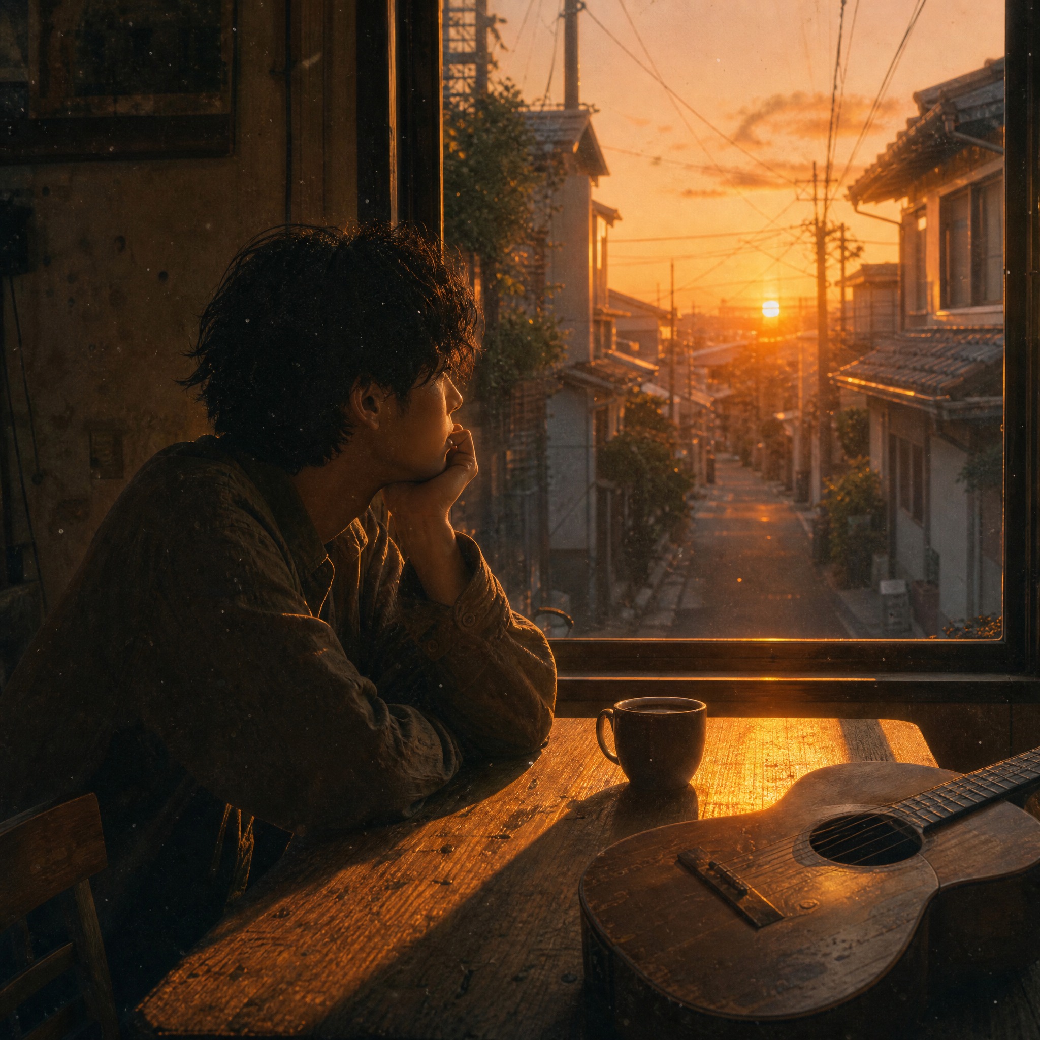 歌曲封面设计，黄昏窗外室内场景，一位男歌手坐在靠窗的木桌前，手… - 图片创意预览