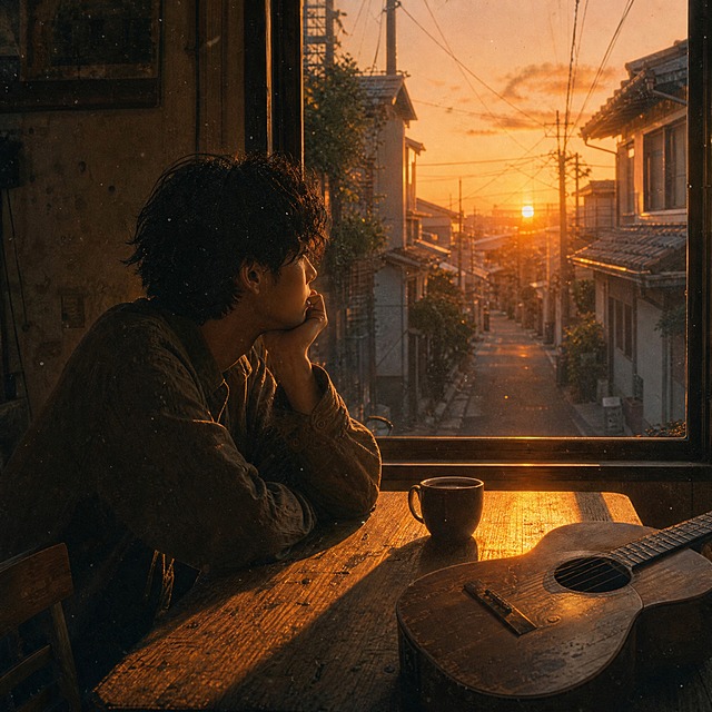 歌曲封面设计，黄昏窗外室内场景，一位男歌手坐在靠窗的木桌前，手托着下巴望向窗外，窗外是黄昏时分的小巷街道，橘红色的夕阳透过窗户洒进来，在桌面上形成温暖的光斑，桌上有一杯咖啡和一把旧吉他，空气中漂浮着细小的尘埃颗粒，画面色调温暖怀旧，略带忧伤的温柔情绪，日系胶片质感，无任何文字，正方形构图，故事感强