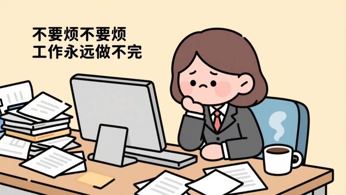 标题“不要烦不要烦 工作永远做不完”，有一个打工小人（女）撑着下巴看着电脑预览效果