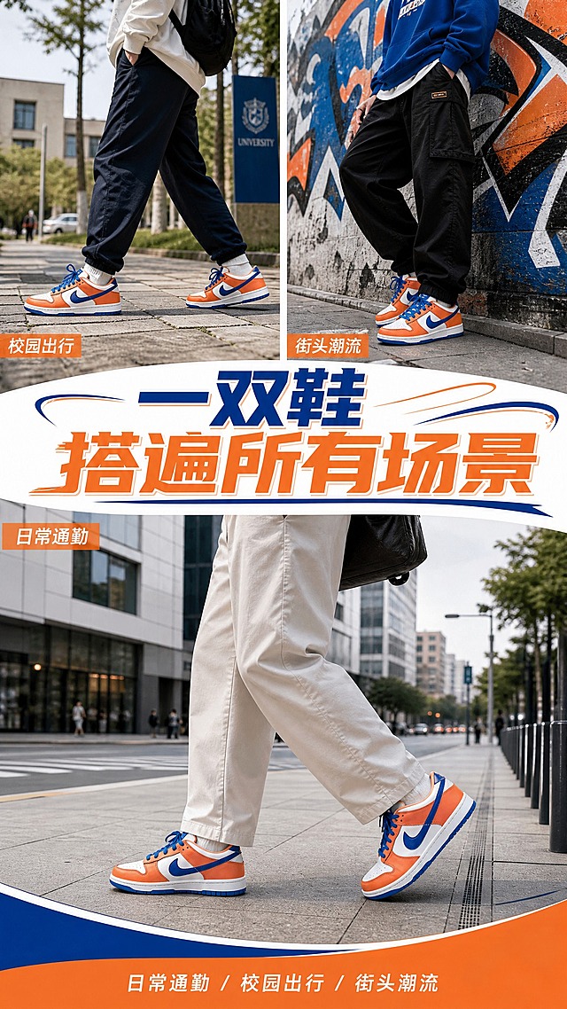 三格拼贴画面，展示鞋子在不同场景的穿搭效果：左上格是校园场景（人物走在校园石板路上），右上格是街头潮流场景（人物站在涂鸦墙前），下方大格是日常通勤场景（人物走在城市人行道上）。每格都清晰展示白橙蓝板鞋的上脚效果。中间有大字标题："一双鞋 搭遍所有场景"。底部三行小字："日常通勤 / 校园出行 / 街头潮流"。整体色调统一，白橙蓝三色贯穿。鞋子的颜色、造型、Swoosh logo必须与参考图完全一致。