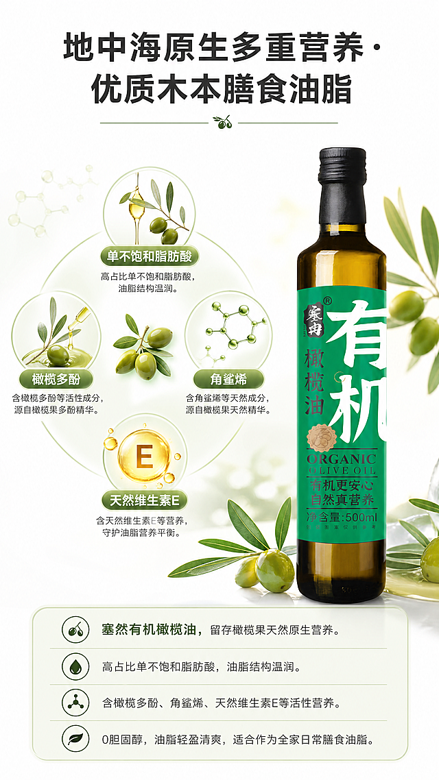 [商品] 使用【图1】塞然有机橄榄油瓶；保留深绿色玻璃瓶身、黑色旋盖、绿色主标签及全部原有文字；本页产品偏右侧展示，左侧为营养成分可视化。
[画面] 页面目标：原生营养成分展示，突出地中海木本油脂营养价值；构图骨架：上标题+左营养可视化+右产品瓶+底部说明文案；主体位置：营养成分圆形/胶囊图标群占左半部分，产品瓶占右半部分约30%；景别：中景产品+信息图形；阅读动线：从上到下，从左到右；前中后景：前景营养成分悬浮图标，中景橄榄油瓶，后景纯白底+淡绿色光晕；场景：简约干净白底，科学感与自然感结合。
[视觉] 套系策略：风格=食品粮油简约干净商业摄影风，白底清新自然；标题字=现代无衬线粗体，笔画利落；正文字=简洁无衬线体，清晰易读；主色=橄榄绿；背景延展=纯白底为主，营养图标用浅绿渐变圆形承载；强调色=深橄榄绿，用于营养成分名称高亮；标题色=深炭灰；正文色=中暖灰；组件=细线分隔、圆角浅绿信息卡、圆形营养成分图标、极简线性分子结构点缀；光影=柔和正面光。
[文字] 顶部居中标题：地中海原生多重营养・优质木本膳食油脂（大字号，深炭灰）；左半部分4个圆形营养图标环绕排列：单不饱和脂肪酸、橄榄多酚、角鲨烯、天然维生素E，每个图标下配简短说明；图标下方文案：塞然有机橄榄油，留存橄榄果天然原生营养。/ 高占比单不饱和脂肪酸，油脂结构温润。/ 含橄榄多酚、角鲨烯、天然维生素E等活性营养。/ 0胆固醇，油脂轻盈清爽，适合作为全家日常膳食油脂。文字全部横向排版。
[规格] 图片比例9:16竖版，4K分辨率，负向提示：避免变形、错字、文字过小、模糊、瓶身颜色改变、标签文字错乱、医疗化表述、虚假功效承诺。