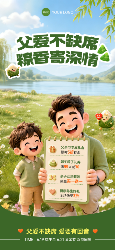 端午父亲节双节商品促销宣传温馨卡通感手机全屏竖版海报预览效果