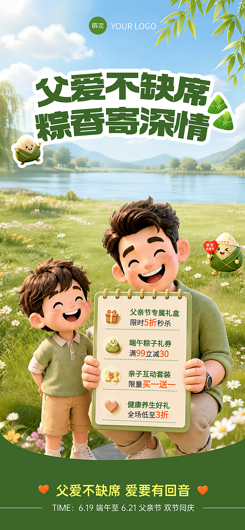 端午父亲节双节商品促销宣传温馨卡通感手机全屏竖版海报