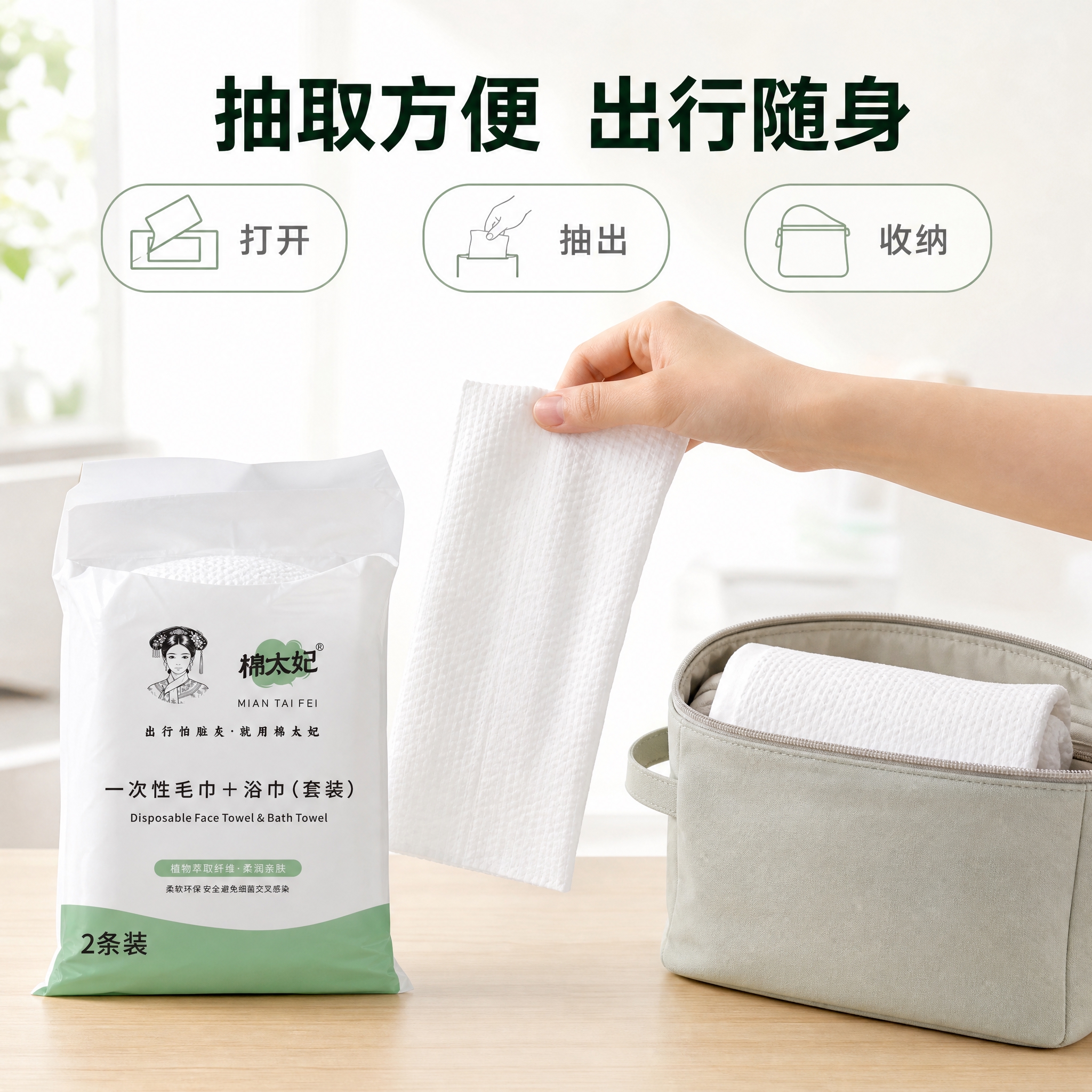 [主图-6] 棉太妃 一次性毛巾+浴巾（套装）取用与携带 唯一… - 图片创意预览