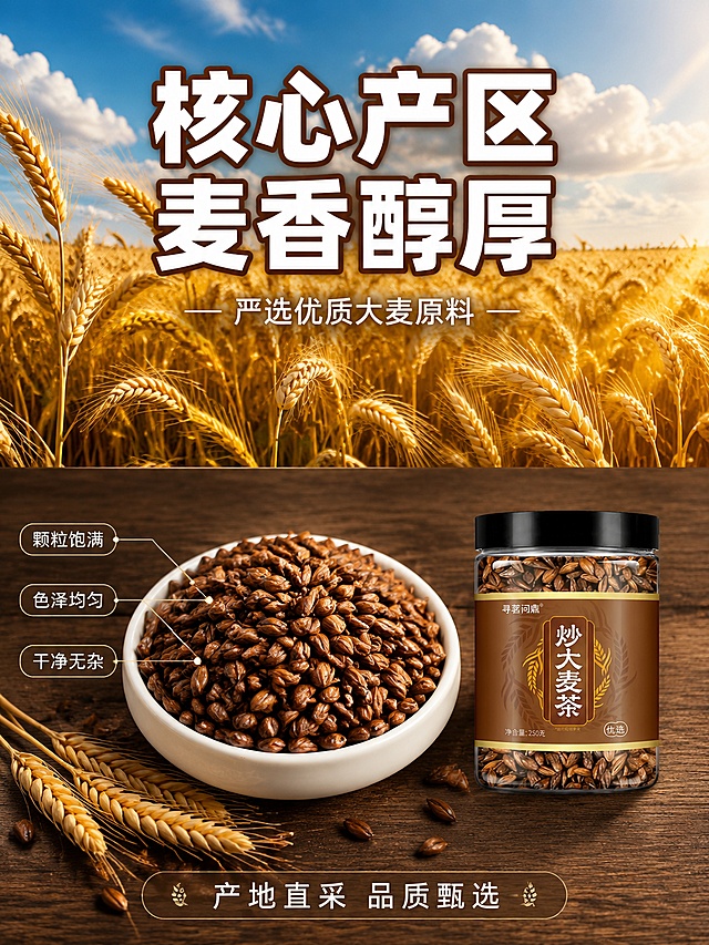 [第2屏] 详情页产地溯源屏-炒大麦茶产地与原料品质展示。本屏使用【图2】作为产品辅助展示。
[氛围/风格] 自然产地风，金黄麦田，午后暖阳，真实摄影质感，高端大气。
[元素布局] 画面上半部分大面积展示金黄饱满的大麦田实景，沉甸甸麦穗随风摆动，阳光穿透麦芒形成丁达尔效应，蓝天白云层次丰富，麦田占画面约55%。画面下半部分高级原木桌面上，左侧放白色骨瓷碗盛满深棕色炒大麦颗粒，颗粒微距清晰油亮；右侧放缩小的产品罐（占约20%），保持外观一致。碗旁边散落几粒大麦和金黄麦穗。
[光影质感] 午后自然顶光+侧逆光，麦穗通透发光，颗粒表面油亮高光，桌面柔和阴影，整体温暖通透。
[配色色系] 全局底色 上半金黄麦田 #E8B94A，下半深棕木色 #5C3A21；主色金色；辅助色深棕、米白。
[视角构图] 上半部分麦田平视远景，下半部分桌面俯视近景，上下分屏构图，阅读动线从上到下。
[文字版式] 麦田上部居中大字。主标题「核心产区 麦香醇厚」，白色粗黑体加深棕描边，超大号；副标题「严选优质大麦原料」，白色中号。下半部分左侧碗上方引线标注「颗粒饱满」「色泽均匀」「干净无杂」，金色引线白字。底部半透明深棕条白字「产地直采 品质甄选」。
[比例分辨率] 3:4 竖版比例，4K 分辨率，文字清晰可辨。
[负向提示词] 变形，水印，文字错乱，产品模糊，麦田虚假。
