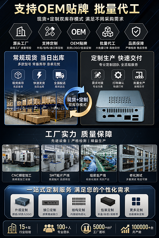 电脑小主机机箱定制，爱采购电商详情页第二屏，展示代工能力：支持OEM贴牌批量代工，现货+定制双库存模式，常规现货可当日出库，工厂实力风，竖向长图，突出服务优势，工业风设计
