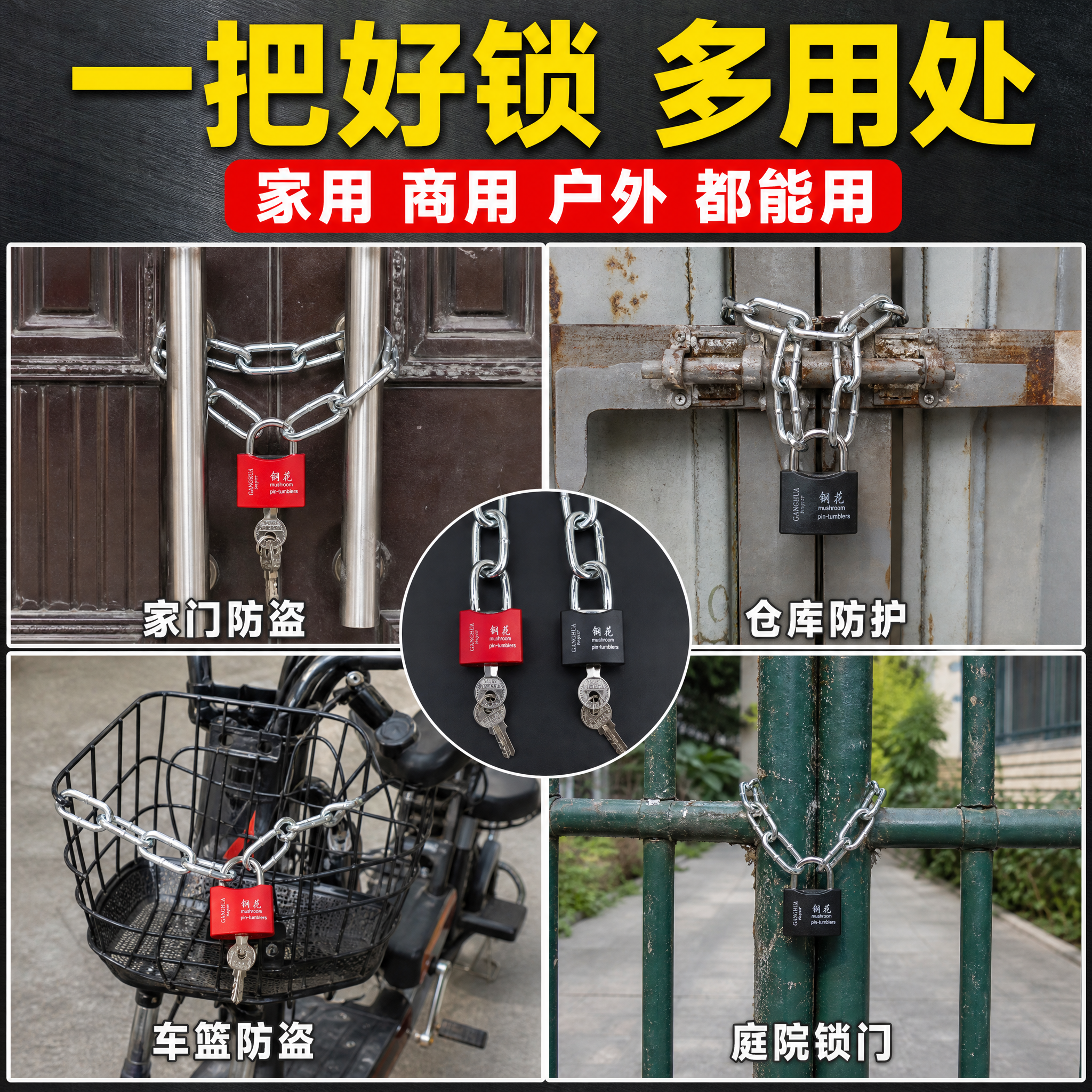 [主图-4] 钢花链条锁防盗挂锁 多场景适用展示图，展示多种使… - 图片创意预览