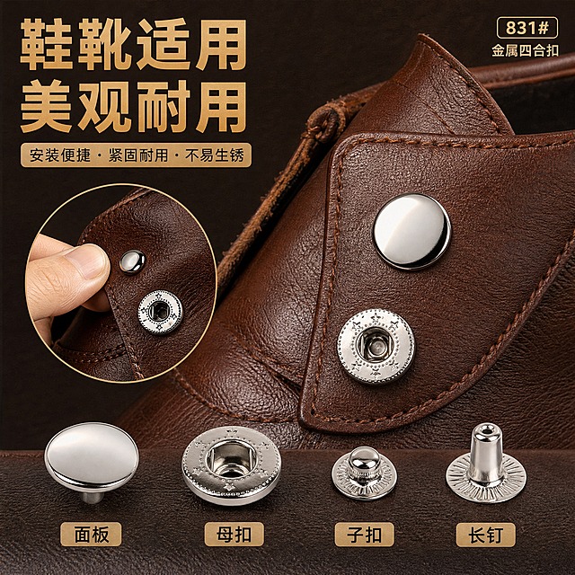 [主图-19] 831型金属四合扣 皮鞋靴子应用场景图。
[统一基调] 淘宝五金配件风格 深棕皮革背景 主标题金色粗黑体 辅助说明浅棕细黑体 整体高级质感。
[画面] 画面展示一只棕色皮鞋的鞋帮部分 银色四合扣安装在皮鞋搭带上 手指按压展示开合 上方特写扣合后的精致效果 下方展示银色四合扣组件 顶部标题 鞋靴适用 美观耐用。
[光影质感] 影棚柔光 皮革质感细腻 银色金属扣光亮 与棕色皮革搭配高级 手部动作优雅。
[配色] 背景深棕色皮革质感 主标题金色 产品银色金属+棕色皮革 高级感。
[文字版式] 顶部金色大标题 鞋靴适用 美观耐用 右上角小标注 精致不突兀 字体统一黑体 品质感。
[输出要求] 1:1正方形 2048x2048 场景真实高级 产品清晰 文字可读 负向 变形 错字 模糊 手指畸形