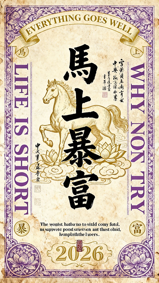 复古纸质感搭配鎏金工笔马与大字风“马上暴富”，融合中式边框与国潮元素，喜庆印刷风设计，寓意2026年好运连连。