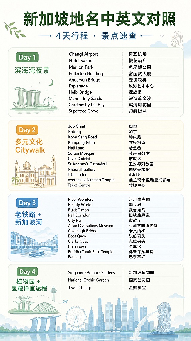 一张简约旅行海报风格的竖版信息图，主题为新加坡地名中英文对照。整体风格简约清新，不花哨，以白色和浅米色为主色调，点缀淡绿色和淡蓝色，营造旅行氛围。顶部是大标题「新加坡地名中英文对照」，下方有副标题「4天行程 · 景点速查」。主体内容分为四个区块，按Day1到Day4排列，每个区块有一个浅色圆角背景卡片。每个区块左侧有日期标签（如「Day 1」）和行程主题（如「滨海湾夜景」），右侧是两列对照的地名单：左列英文，右列中文。所有地名清晰易读，字体简洁现代。具体内容如下：

Day 1 滨海湾夜景：
Changi Airport 樟宜机场
Hotel Sakura 樱花酒店
Merlion Park 鱼尾狮公园
Fullerton Building 富丽敦大厦
Anderson Bridge 安德森桥
Esplanade 滨海艺术中心
Helix Bridge 螺旋桥
Marina Bay Sands 滨海湾金沙
Gardens by the Bay 滨海湾花园
Supertree Grove 超级树丛

Day 2 多元文化 Citywalk：
Joo Chiat 如切
Katong 加东
Koon Seng Road 坤成路
Kampong Glam 甘榜格南
Haji Lane 哈芝巷
Sultan Mosque 苏丹回教堂
Civic District 市政区
St Andrew's Cathedral 圣安德烈教堂
National Gallery 国家美术馆
Little India 小印度
Veeramakaliamman Temple 维拉玛卡里雅曼兴都庙
Tekka Centre 竹脚中心

Day 3 老铁路 + 新加坡河：
River Wonders 河川生态园
Beauty World 美世界
Bukit Timah 武吉知马
Rail Corridor 旧铁路绿道
City Hall 市政厅
Asian Civilisations Museum 亚洲文明博物馆
Cavenagh Bridge 卡文纳桥
Boat Quay 驳船码头
Clarke Quay 克拉码头
Chinatown 牛车水
Buddha Tooth Relic Temple 佛牙寺龙华院
Padang 巴东草坪

Day 4 植物园 + 星耀樟宜返程：
Singapore Botanic Gardens 新加坡植物园
National Orchid Garden 国家兰花园
Jewel Changi 星耀樟宜

画面底部有淡淡的新加坡城市天际线剪影作为装饰，整体排版精美，信息层次分明，留白充足，旅行海报风格但简约不花哨。画面中所有信息区域必须填充完整合理的内容，不得出现空白框或空单元格。