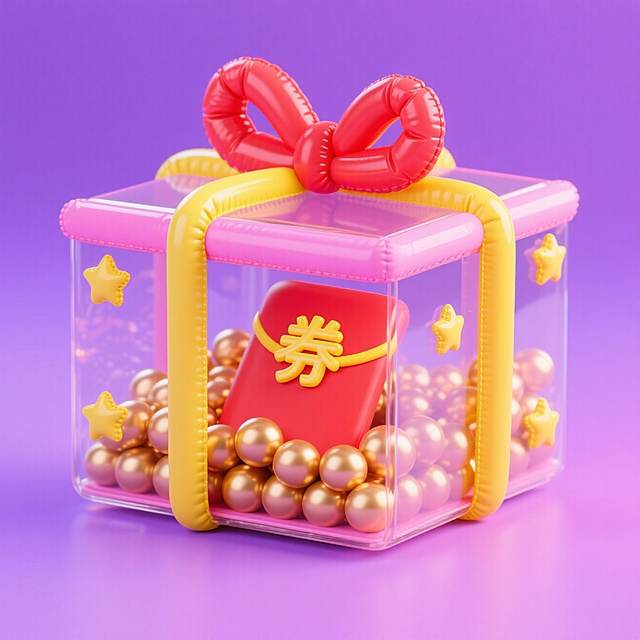 一个透明盒子（带有黄色装饰带、粉色和黄色星星装饰），盒子内装满金色圆球，还放置着带有 “券” 字的黄红包，礼盒顶部有红色与黄色搭配的蝴蝶结状封口