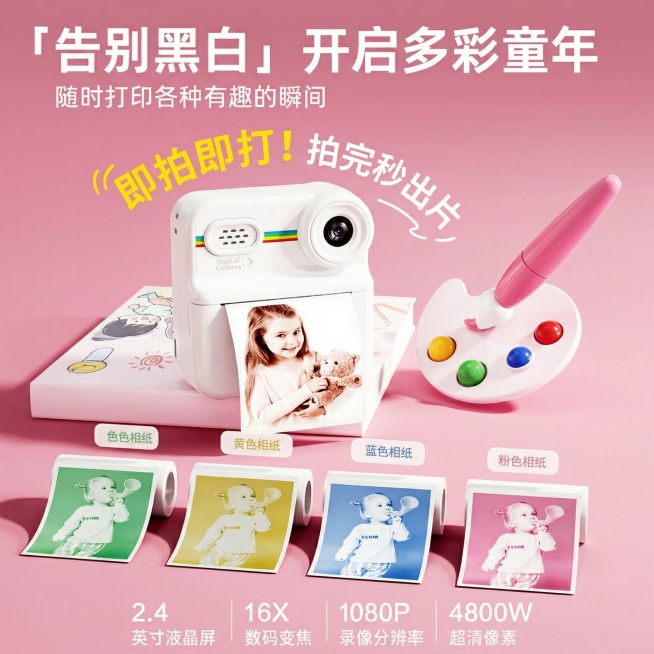 将原图缩改为正方形比例，画面铺满不要留白，保留图中所有原有文字，在不遮挡相机的位置新增添加文字“即拍即打！拍完秒出片”，保证整体画面和谐，除调整比例和添加文字外，其余内容和原图保持完全一致预览效果