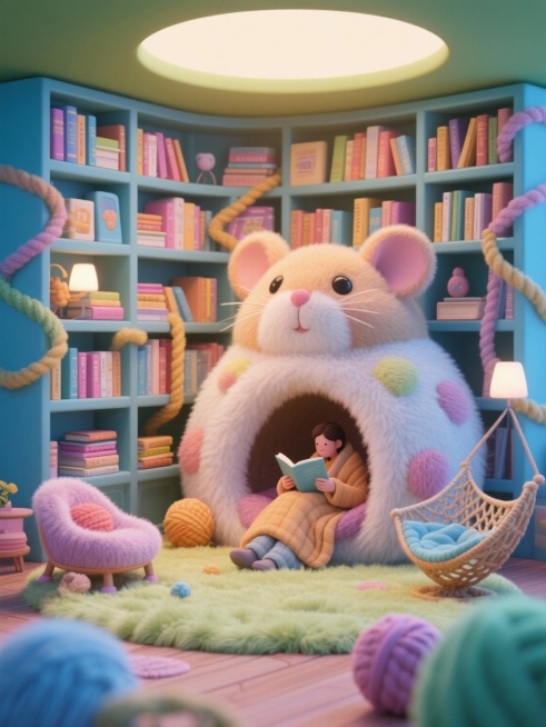 一座被改造成巨大毛绒仓鼠巢穴的图书馆，所有书籍封面都是毛绒织物，书页是柔软的毯子，书架是缠绕的毛线架，地板是蓬松的人造毛皮，有毛线球椅子和编织吊床，人们裹着毯子蜷缩阅读，柔和顶光，温暖舒适，细节极致丰预览效果
