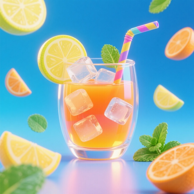 主体是一个透明玻璃杯，里面装有果汁、冰块和一根吸管。周围漂浮着柠檬、橙子和薄荷叶。背景是渐变的海蓝色。预览效果