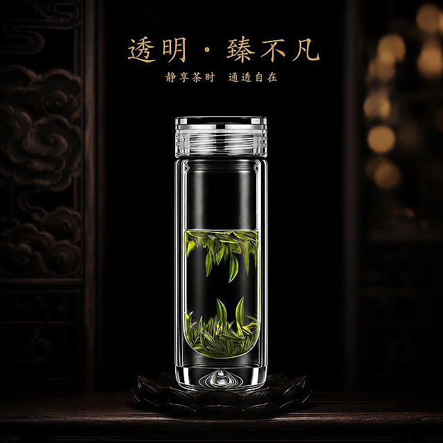double-layer drop U-shaped borosilicate glass cup keep original shape and quality unchanged, 8K high definition commercial still life photography Sony A7R5 100mm macro F2.2 1:1 square Douyin e-commerce main image, deep black sandalwood carved cloud door panel right side blurred warm yellow round bokeh, black lotus base, top center light gold two lines text transparent extraordinary, keep original picture quality and style transparent glass clear tea soup, low saturation black gold tone luxury texture
