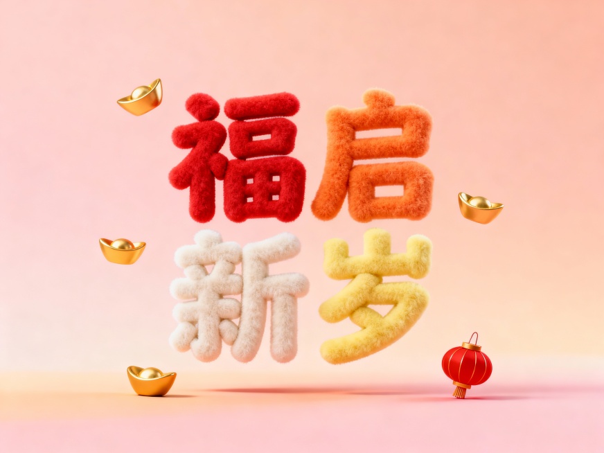 毛绒软糯艺术字 “福启新岁”，单字单色：福（正红）、启（暖橙）、新（米白）、岁（鹅黄），周围点缀小金元宝、迷你红灯笼装饰，浅粉渐变浅橙背景，正面视角，文字悬空漂浮，整体风格喜庆柔和，适配新年祝福海报。预览效果