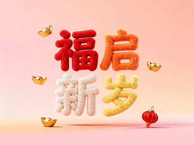 毛绒软糯艺术字 “福启新岁”，单字单色：福（正红）、启（暖橙）、新（米白）、岁（鹅黄），周围点缀小金元宝、迷你红灯笼装饰，浅粉渐变浅橙背景，正面视角，文字悬空漂浮，整体风格喜庆柔和，适配新年祝福海报。