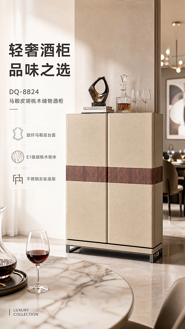[商品] 使用【图1】DQ-8824酒柜；保留双门结构、米色马鞍皮柜门、中间胡桃木皮装饰条、不锈钢灰钛拉丝底架、整体比例和颜色；修复轻微瑕疵，增强材质质感和金属光泽，不改变产品结构。
[画面] 目标：轻奢酒柜整屋场景首屏，建立高端第一印象。左文右景版式，左侧约1/3竖列文案区，右侧2/3为现代轻奢餐厅大场景，酒柜居中偏右放置，产品占画面约55%。前景有大理石餐桌一角和红酒杯，中景酒柜上摆放精致酒具和装饰摆件，后景虚化的餐厅背景（吊灯、餐椅、艺术挂画），三层景深。午后暖自然光从左侧窗户洒入，营造明亮通透居家氛围。
[视觉] 套系策略：风格=轻奢现代高级商业摄影；标题字=现代无衬线粗体；正文字=简洁无衬线体；主色=暖米白；背景延展=基于暖米白做深浅层级、同色渐变和细腻哑光质感；强调色=胡桃木棕+金属灰，仅用于小面积图标、引线和标签；标题色=深炭灰；正文色=中暖灰；组件=圆角浅底信息卡、细线引线、金属质感图标；光影=左前侧暖柔光，明亮通透，高光柔和。
[文字] 左侧竖列文案区：主标题"轻奢酒柜 品味之选"，副标题"DQ-8824 马鞍皮胡桃木储物酒柜"，3条亮点："超纤马鞍皮台面""E1级胡桃木柜体""不锈钢灰钛底架"，底部系列角标"LUXURY COLLECTION"。文字不遮挡酒柜主体。
[规格] 图片比例9:16竖版，4K，避免变形、错字、文字过小、冷蓝背景、产品颜色改变、结构失真、极限词。