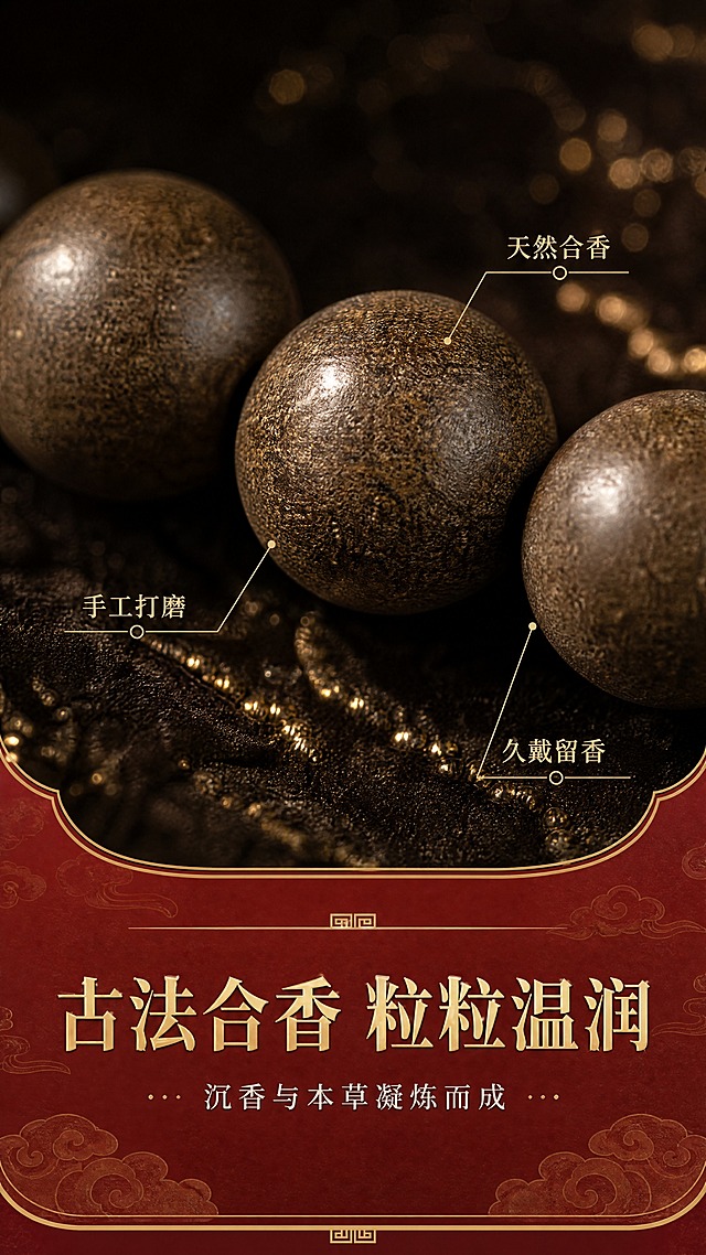 [商品] 使用【图1】沉香合香珠手串；保留深棕褐色合香材质、圆珠表面细腻颗粒纹理、哑光温润质感；微距下增强珠粒表面肌理细节与光泽层次，不改变颜色和形状。
[画面] 页面目标：细节质感展示，突出合香珠材质肌理与工艺。构图：居中放大展示3-4颗相邻珠粒，珠粒占据画面中心；主体占画面65%。景别：微距特写。前中后景：前景单颗珠粒清晰对焦，表面细腻纹理可见，中景相邻珠粒稍虚化，背景深色绒布质感，点缀细碎金粉光斑。
[视觉] 套系策略：风格=东方宫廷国风商业摄影；标题字=宋体衬线粗体；正文字=简洁宋体；主色=故宫红+深棕木色；背景延展=基于故宫红做深浅渐变、暗纹祥云、金箔质感点缀；强调色=鎏金色，仅用于小面积图标、引线和装饰线条；标题色=鎏金色；正文色=米白色；组件=中式回纹边框、圆角朱红信息卡、细线引线；光影=侧上方暖柔光，珠粒表面形成柔和高光，体现温润质感。
[文字] 底部主标题"古法合香 粒粒温润"，副标题"沉香与本草凝炼而成"，配3个细节标注引线：「天然合香」「手工打磨」「久戴留香」；文字区位于底部，不遮挡珠粒主体。
[规格] 图片比例9:16竖版，4K，避免变形、错字、文字过小、冷蓝背景、珠串颜色改变、表面纹理失真。