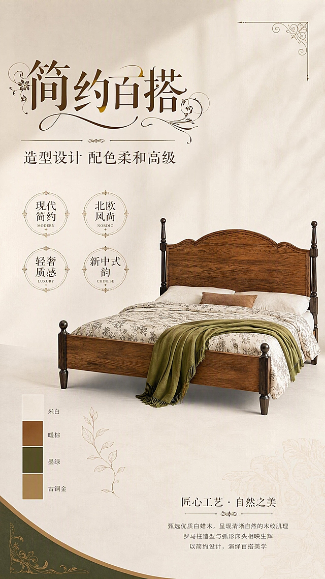 [第2张] 详情页设计美学页-白蜡木实木床简约百搭造型解析。本张使用【图1】作为商品主体。
[氛围/风格] 高级设计叙事风，柔和高级配色，艺术排版，商业摄影质感，无人物。
[元素布局] 实木床置于画面右侧，45°斜侧视角，占比约45%-50%；保持床的结构、比例、白蜡木棕色调、罗马柱造型与输入图一致；左侧为设计美学展示区，背景为浅米色肌理墙面，搭配色卡色块（米白、暖棕、墨绿、古铜金四色）、几何线条装饰、复古花纹元素；画面中散布3-4个风格小图标（简约/北欧/轻奢/新中式）以艺术徽章形式呈现。
[光影质感] 顶部柔光均匀照射，床体木纹清晰，左侧文案区有柔和光影过渡，整体明亮高级。
[配色色系] 全局底色米杏色 #FAF6EF；主色暖棕 #8B5A2B；辅助色墨绿、古铜金、米白。
[视角构图] 45°斜侧视角，左右分栏构图，阅读动线左上标题 → 左中卖点 → 右侧产品。
[文字版式] 左上大字号艺术字主标题「简约百搭」，花体装饰艺术字体，有线条花纹装饰，深棕色；下方副标题「造型设计 配色柔和高级」，优雅衬线体；再下方四条艺术字标签分两行排列「现代简约」「北欧风尚」「轻奢质感」「新中式韵」，每个标签带复古圆形徽章底纹；文字均为艺术字体，有设计花样。
[比例分辨率] 9:16竖版比例，4K分辨率，文字清晰可辨，高清画质。
[负向提示词] 床变形，比例失调，颜色偏差，水印，文字错乱，产品模糊，有人物，展示内部结构。