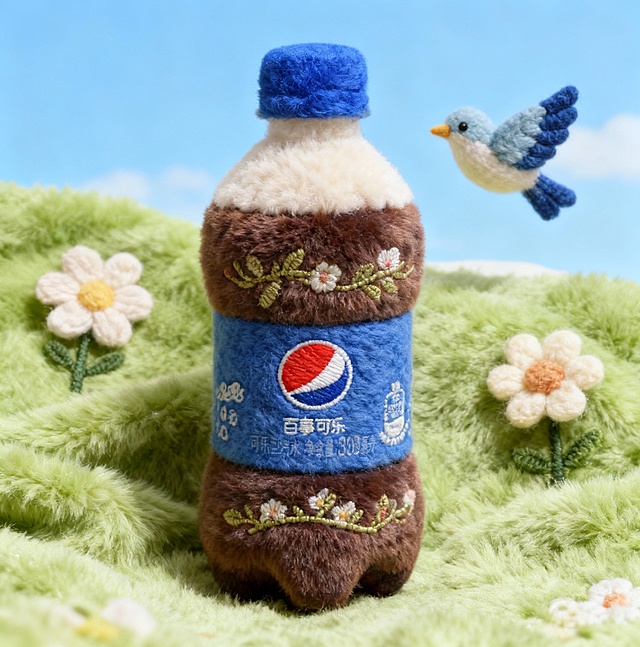 毛绒刺绣风百事可乐瓶，融合微缩艺术与虚拟自然，萌趣小鸟飞舞，清新梦幻，可爱感十足。