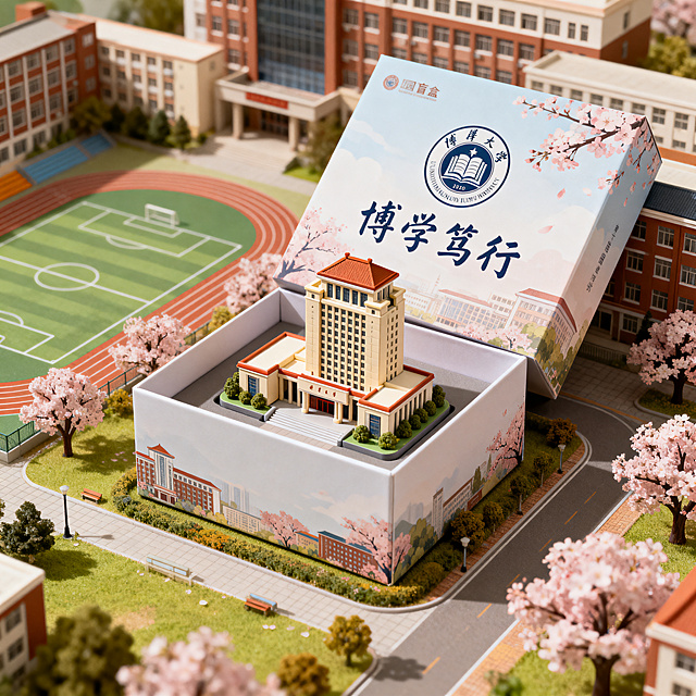 一款校园主题盲盒产品包装设计，盲盒内包含校园地标建筑的微型模型，包装盒表面印有清晰的校徽和校训文字，包装背景设计为怀旧温馨的虚拟校园回忆场景，整体风格青春纪念感，产品展示图，高清质感