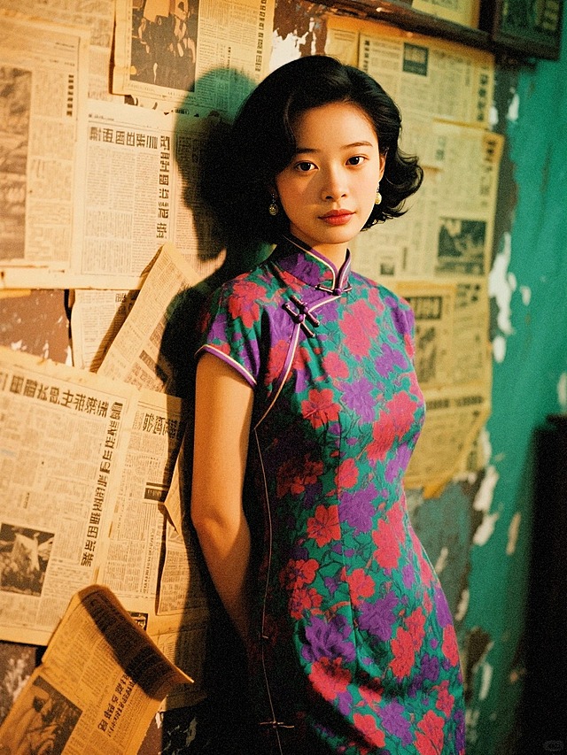 夜晚，一个女生紫绿洋红碎花款式旗袍，图案密集，港式发型，靠在贴满旧报纸斑驳的墙前，复古氛围，韵味十足，看镜头