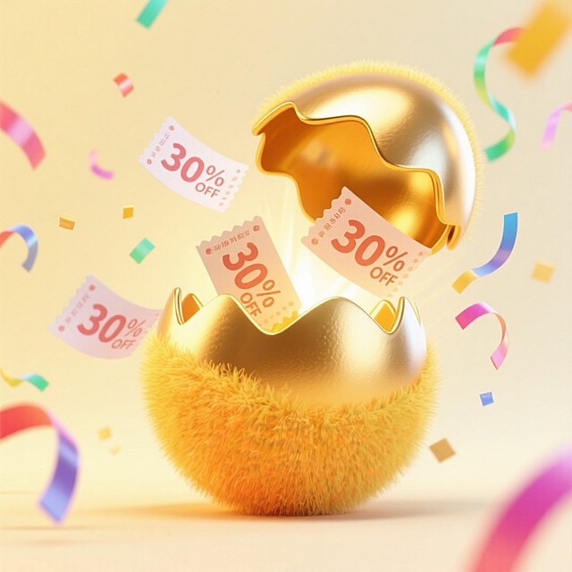 鎏金毛绒蛋壳裂开，3D重拟物风格呈现，金色金属质感与毛发生长纹理结合，飘散彩带与优惠券，喜庆促销氛围十足。