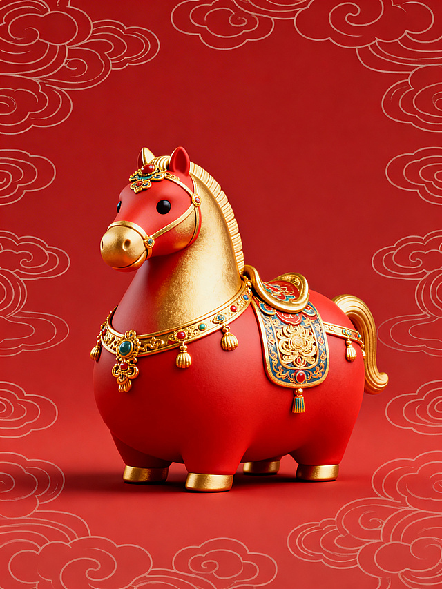 3D重拟物风格的中式喜庆马雕，鎏金金属质感配饰，红金主色调，祥云背景，尽显民族韵味与节日氛围。