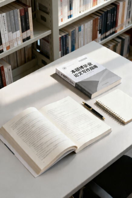 将桌面上书本封面的文案修改为"本硕博毕业论文写作指南"，保持整体极简摄影风格不变，图书馆书桌场景，光影自然预览效果