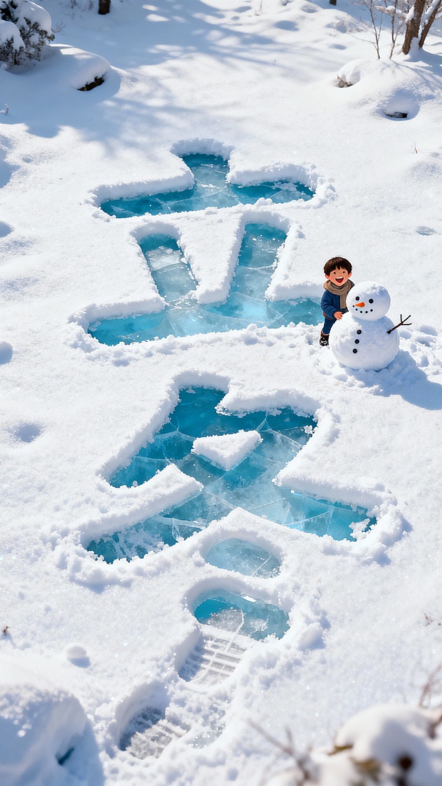 俯视视角，画面主视觉是雪地中的 “立冬”文字（字体圆润可爱），文字部分像被踩踏，露出淡蓝色冰面。雪质细腻带自然纹理，一个快乐的小朋友和一个雪人