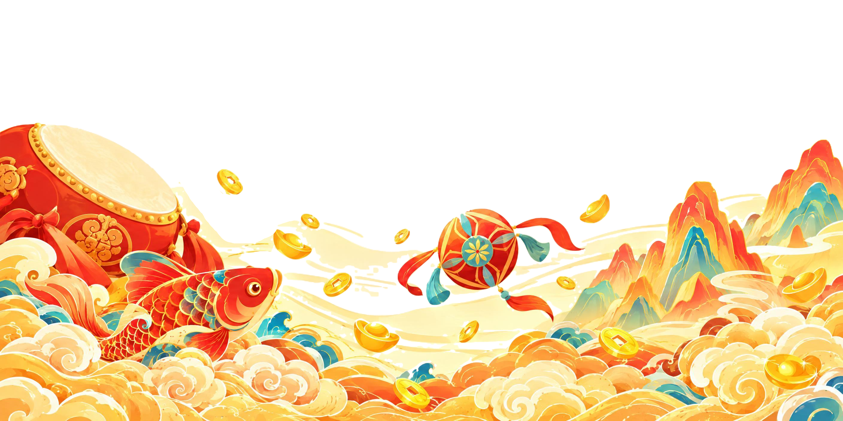 参考图的国潮插画风格，重新绘制画面内容：底部是金色祥云海浪，左… - 图片创意预览