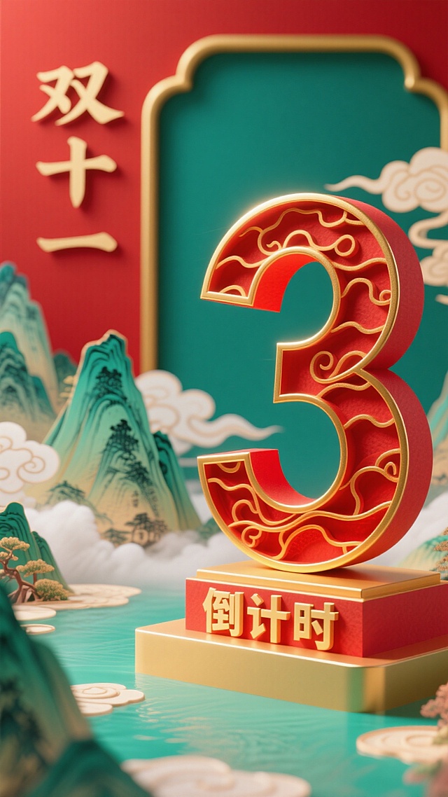 画面主视觉为右侧巨型金红色纸雕质感数字 “3”，底座有“倒计时”字样，左上角“双十一”隶书字样，背景采用朱红色，带金色细线边框，融入青绿山水、祥云国画元素，整体营造紧迫的促销倒计时氛围