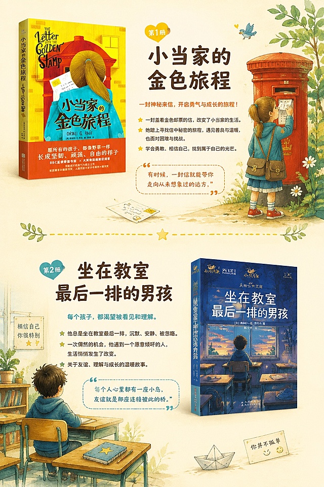 [第3屏] 分册介绍上-小当家的金色旅程前2册内容亮点。本屏使用【图2】中前两册书作为主体，参考【图1】的分册介绍版式。
[氛围/风格] 温馨故事插画风，手绘场景，儿童读物详情页风格。
[元素布局] 上半部分展示第1册《小当家的金色旅程》，书封置于左侧，占比约30%，右侧配手绘邮筒和女孩寄信的插画场景；下半部分展示第2册《坐在教室最后一排的男孩》，书封置于右侧，左侧配教室和小男孩的手绘插画；两册之间用手绘分割线和小装饰隔开；保持书封设计、颜色、文字与原图一致。
[光影质感] 柔和自然光，书本有轻微投影，插画部分色彩温暖柔和。
[配色色系] 全局底色 #FFF8E1（极浅暖黄）；主色橙黄 #F5A623、湖蓝 #4A90A4；辅助色米白、浅棕、草绿。
[视角构图] 上下分栏构图，阅读动线从上到下，每栏左书右画或右书左画交替。
[文字版式] 每册上方有书名标题，圆润粗黑体；下方配3-4行内容简介，简洁易懂；每册配1句金句引语，用引号框起；文字不遮挡书封主体。
[比例分辨率] 9:16 竖版比例，2K分辨率，文字清晰可辨，高清画质。
[负向提示词] 书封变形，缺册错册，颜色偏差，水印，文字错乱，插画模糊，背景杂乱。